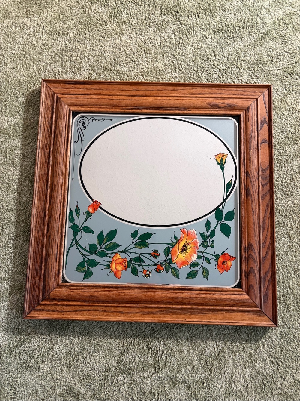 Vintage Wood Frame Floral Mirror with Orange Rose Accent 22 inches long